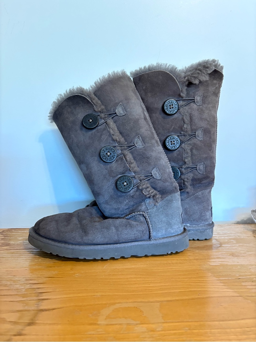 UGG Gray Tall Button-Detail Shearling Boots 8